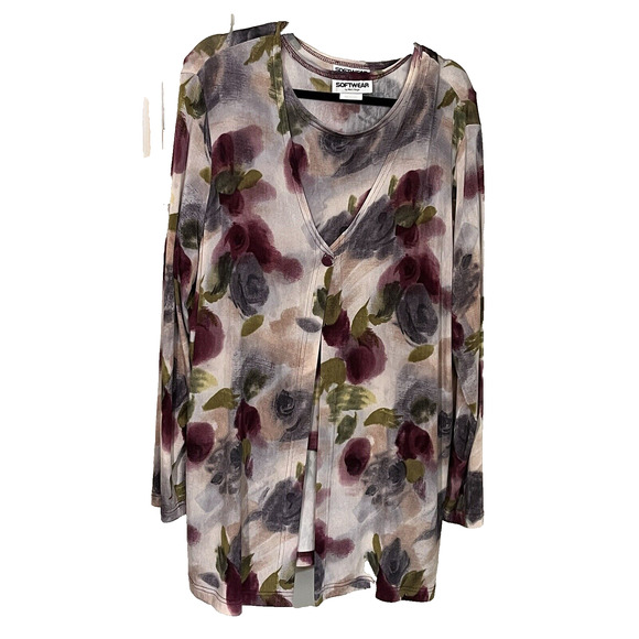 Softwear Mark Singer 2 Piece Cardigan Set Sz XL Multi Color Floral Slinky Work - Picture 2 of 15